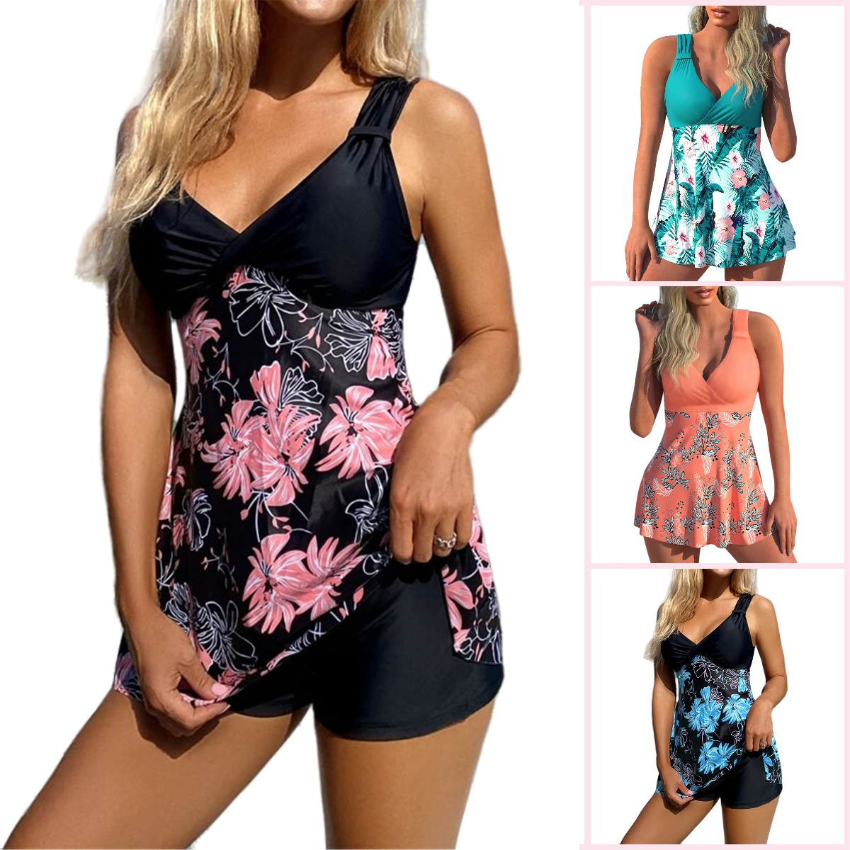 🌴🏖️🌈【50% zniżki 🔥】【S-5XL】😍 Duży damski zestaw kostiumów kąpielowych z nadrukiem, spodenki, spódniczka do pływania z odkrytymi plecami, szybkoschnący materiał