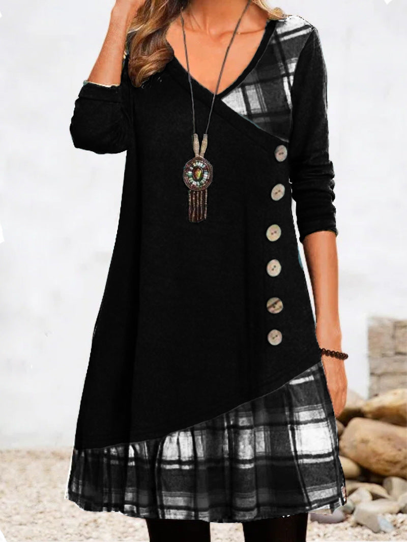💟【Jesienne nowości】👗【S-3XL】 2024 Nowa elegancka sukienka w kratę z dekoltem w kształcie litery V, z długim rękawem