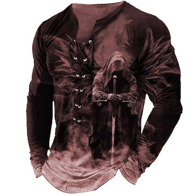 Męski, swobodny T-shirt z długim rękawem i nadrukiem 3D