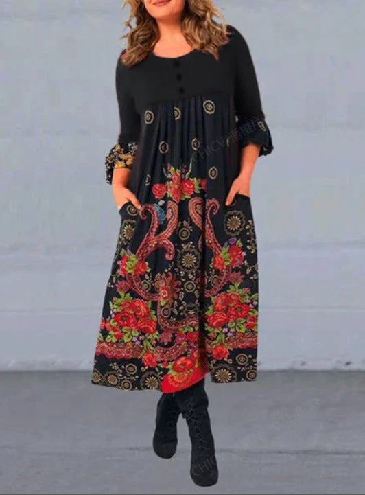 【S-5XL】👗2025 nowa, jesienna i zimowa sukienka na co dzień z długimi rękawami i nadrukiem w stylu retro
