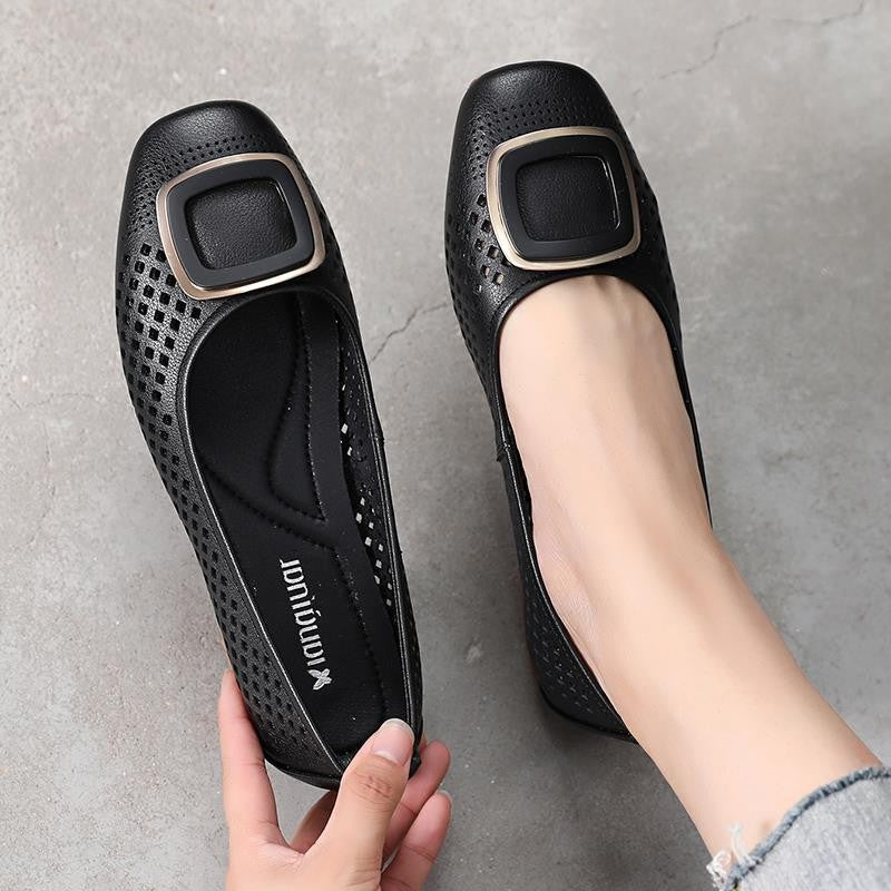 💥【35-40】2024 nowe wiosenne letnie skórzane buty buty dla matek boso modne płytkie usta miękka podeszwa damskie buty na grubym obcasie