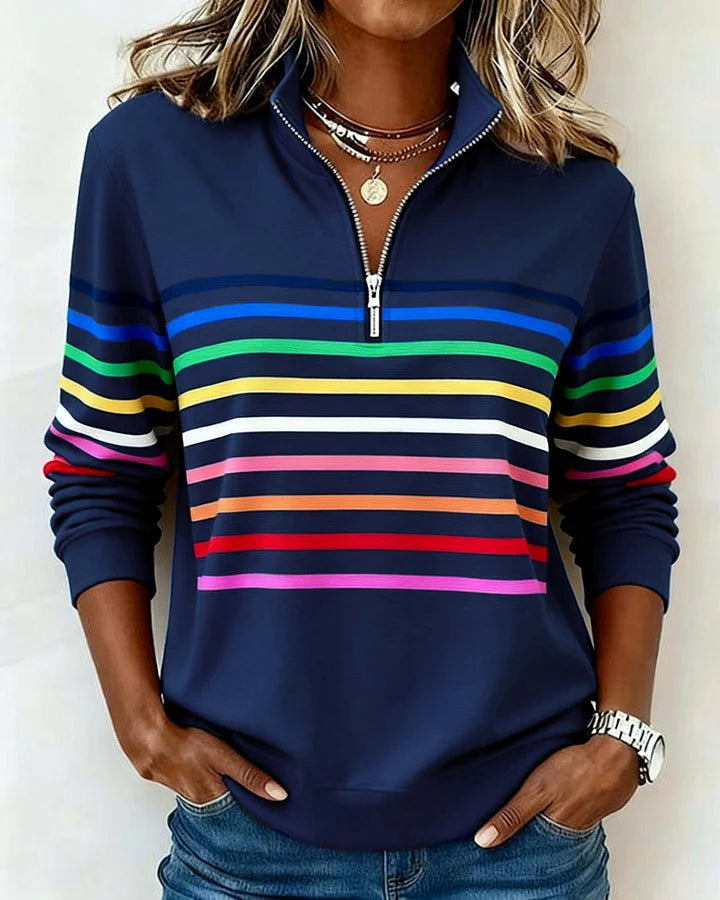 【S-5XL】😀👉Stylowa bluza w tęczowe paski z kołnierzem zapinanym na suwak