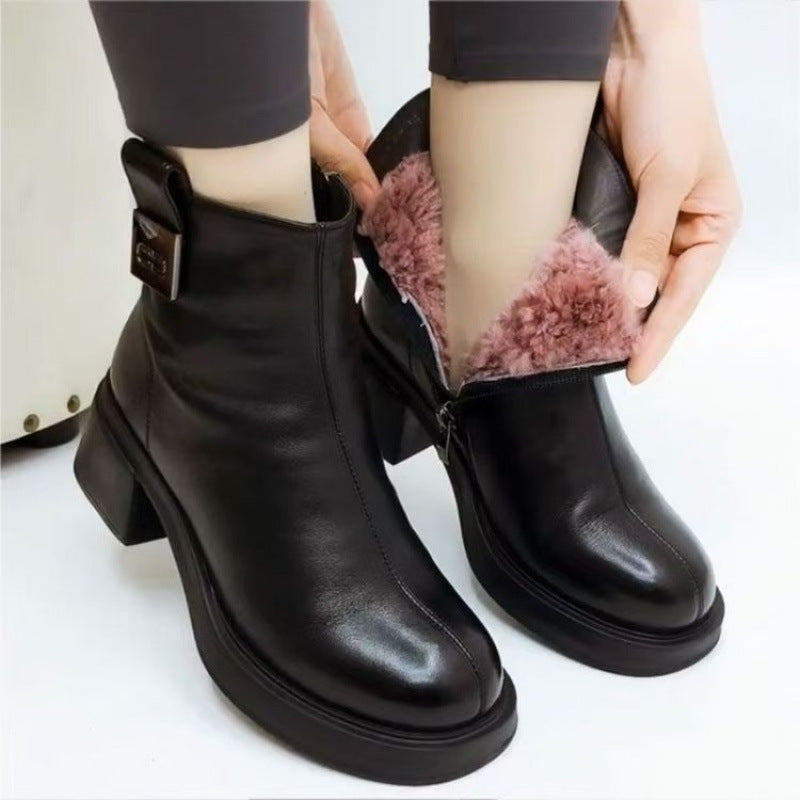 2024 Buty ze skóry naturalnej, grube, bawełniane, na grubym obcasie