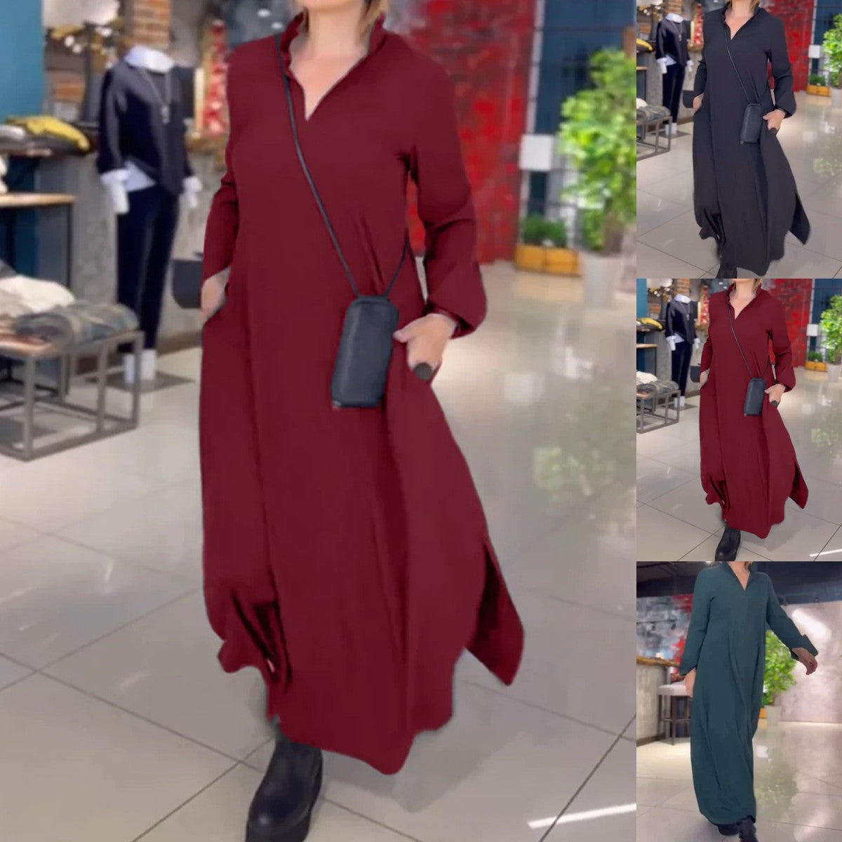 💋【S-3XL】Jednokolorowa sukienka casual z długim rękawem w kształcie litery V