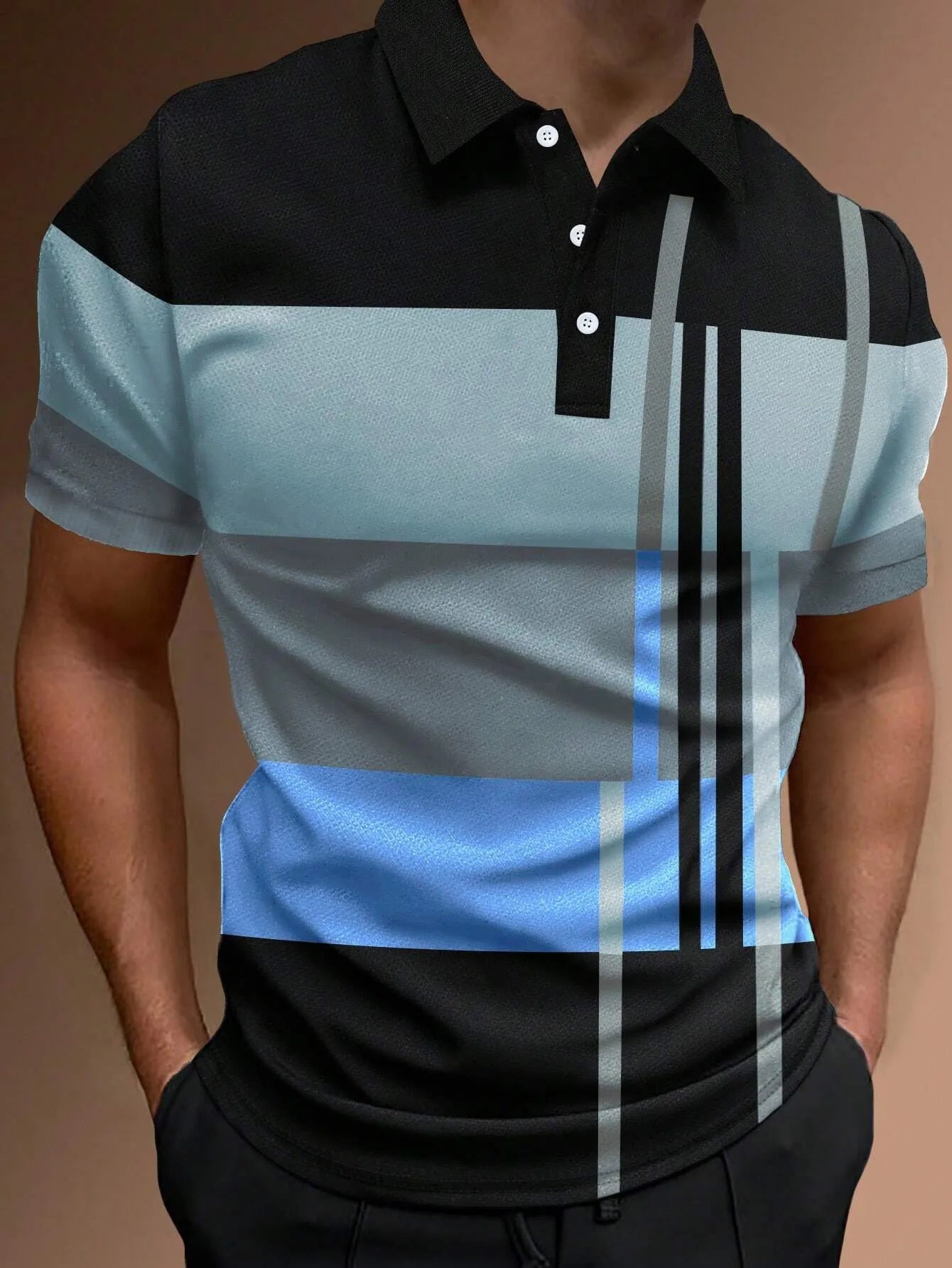 👔【S-6XL】Camisa POLO con estampado informal de bloques de color a rayas 3D para hombre