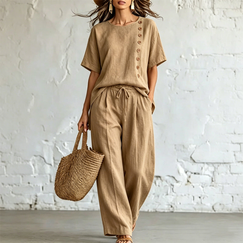 🎨 【Set din tricou + pantaloni largi 】ținută casual modernă din bumbac și in, confortabilă și respirabilă