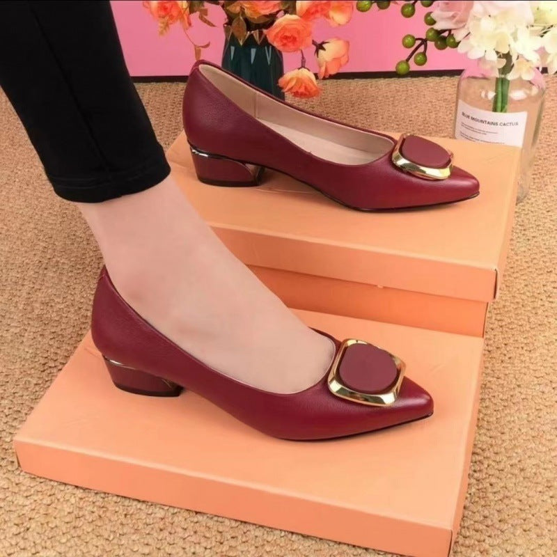 🔥【35-41】2025 Modne damskie skórzane buty na grubym obcasie, spiczaste noski, miękkie buty robocze, kwadratowa klamra, małe usta