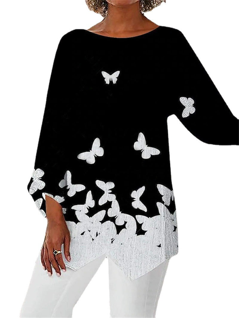 Spring Summer Geometric Print Long Sleeve Patchwork Crew Neck Shirt 3616362