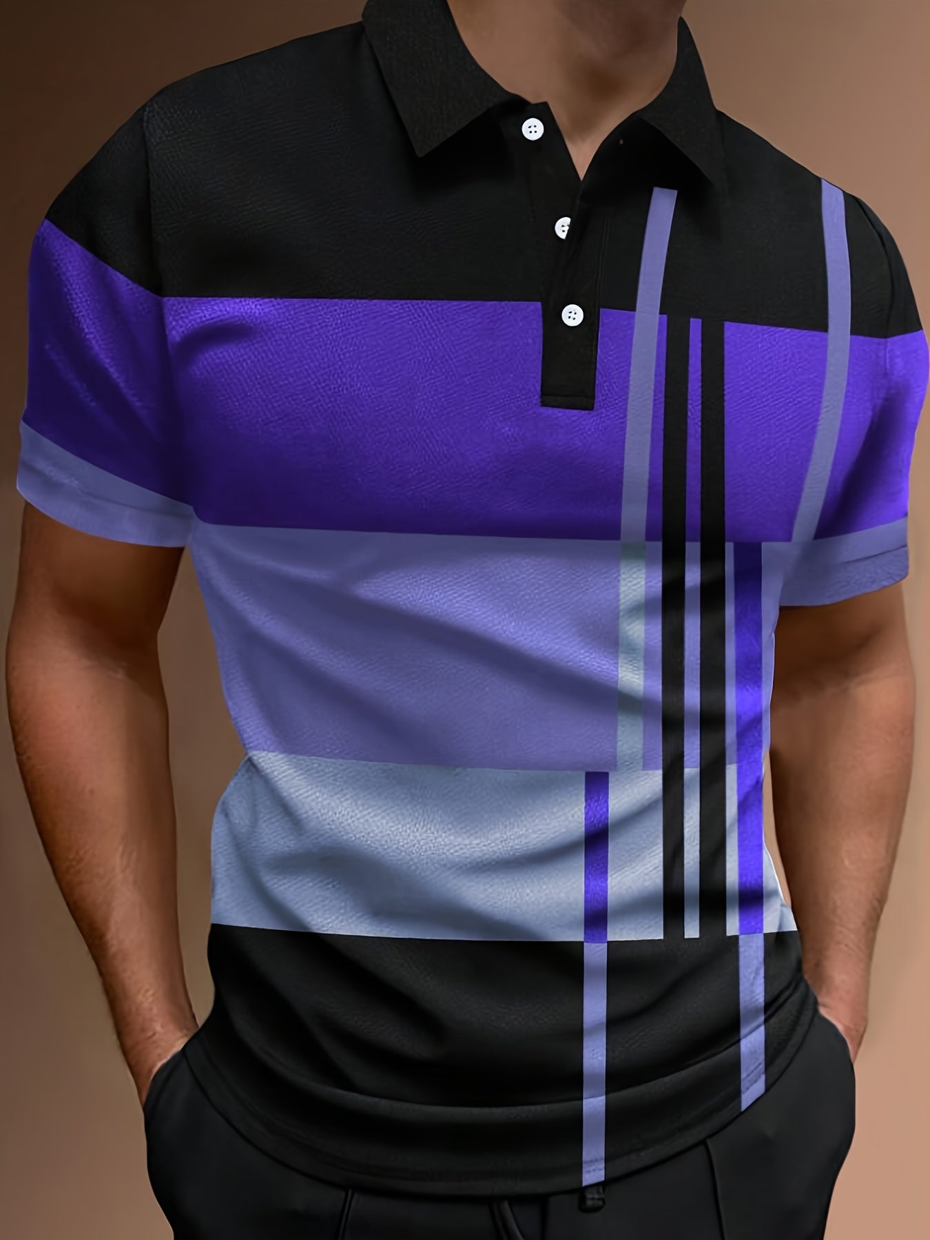 👔【S-6XL】Camisa POLO con estampado informal de bloques de color a rayas 3D para hombre