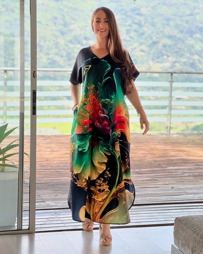 [S-5XL] Rochie vaporoasă cu imprimeu, din bumbac și mătase naturală – Elegantă, lejeră și avantajoasă pentru siluetă