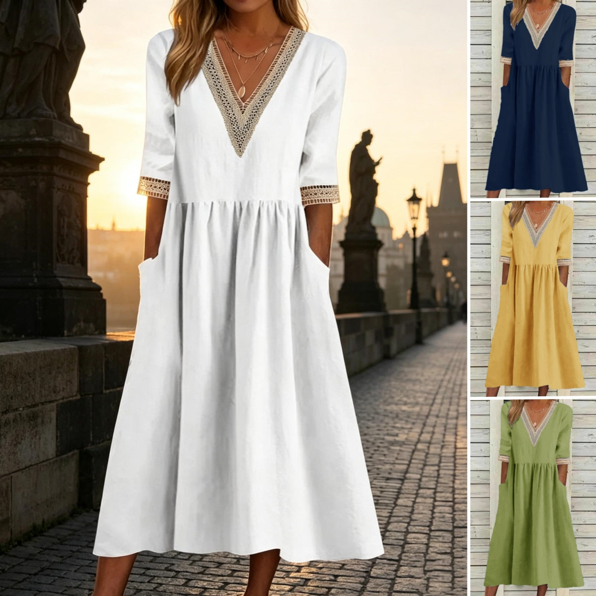 👗【S-2XL】Nové bavlněno-lněné šaty s výstřihem do V, prodyšné, pohodlné a zeštíhlující