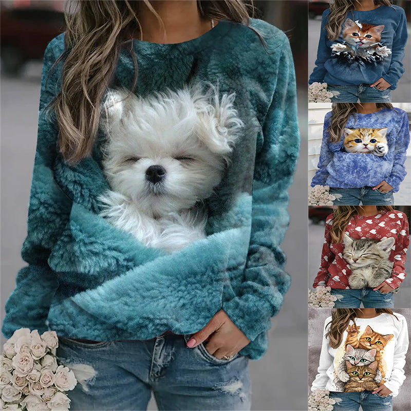【S-3XL】❤️🐱🐶Damska bluza z długimi rękawami i okrągłym dekoltem z nadrukiem zwierzęcym
