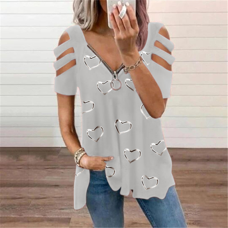 🔥【S-5XL】Nyári pop-up V-nyakú szerelem nyomtatás cipzáras alkalmi póló
