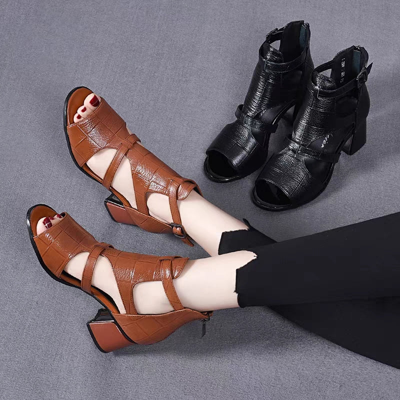 ✨【35-40】👡 Nové měkké, měkké kožené, rybí dno, rybí tlama, dutá tlama, tlustý podpatek, římské sandály