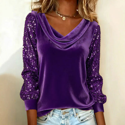 🔥【S-3XL】Camisa de terciopelo de moda para mujer, con cuello vuelto, costuras cosidas y mangas largas🔥