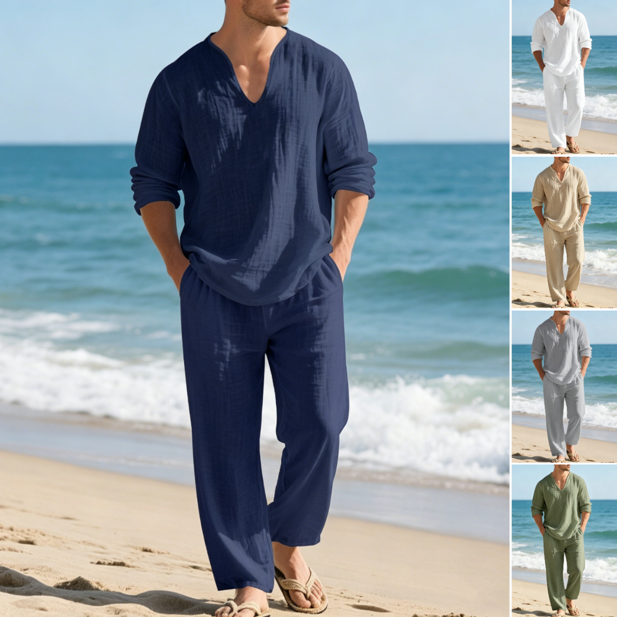 ⏳50% sleva【S-3XL】⏳【Top + kalhoty】Vysoce kvalitní pánský lněný komplet s výstřihem do V – pohodlný, prodyšný a ve volném střihu.