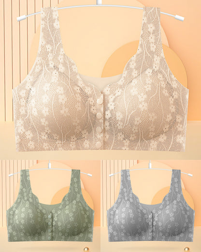 😍【Kup 3 sztuki, 3 sztuki otrzymasz gratis】【40-100KG】Damski, bezprzewodowy, koronkowy biustonosz zapinany z przodu,Ostatni dzień - 49% zniżki