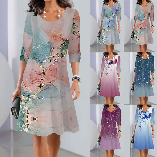 👗【S-3XL】Nowa sukienka midi z okrągłym dekoltem i długim rękawem, z nadrukiem