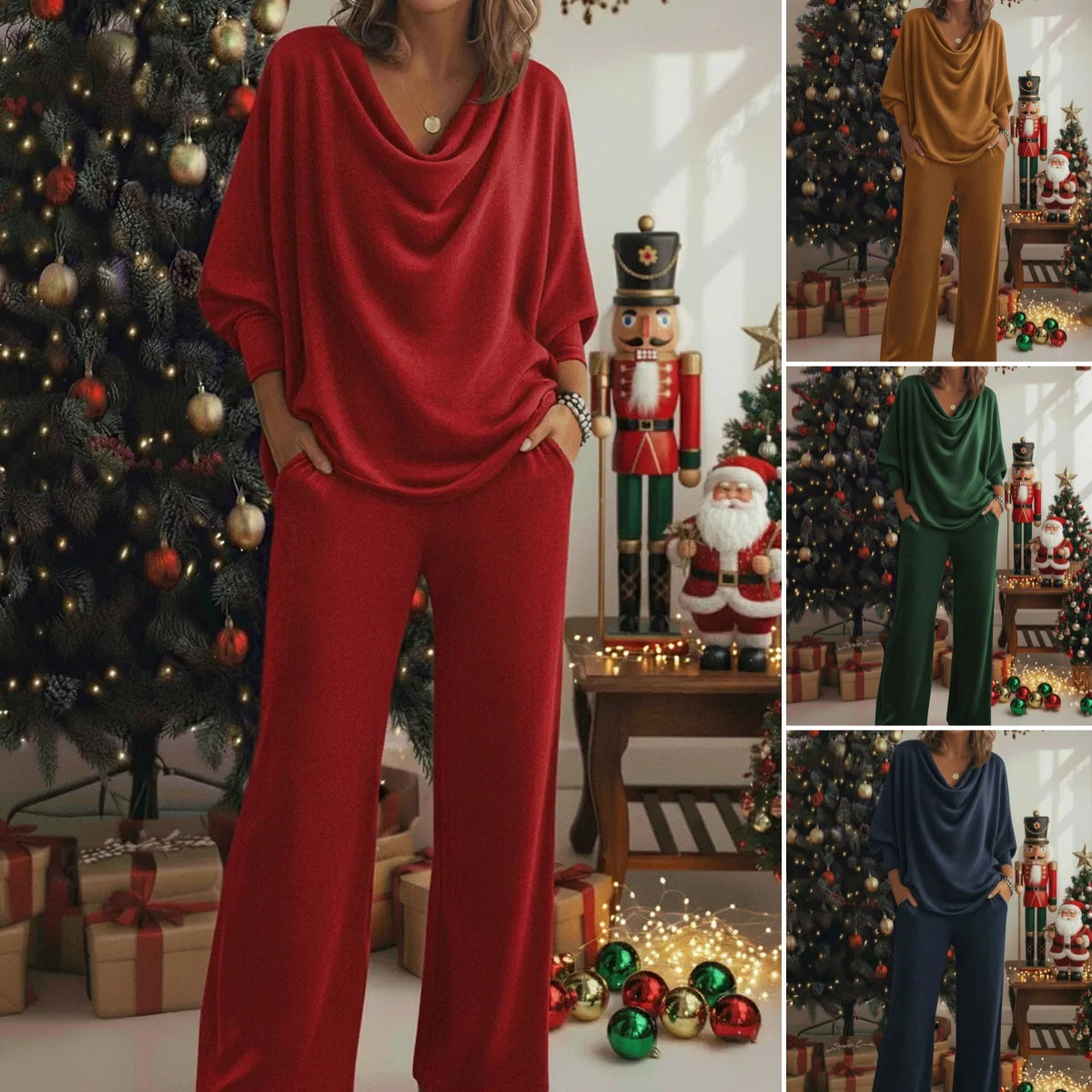 ¡60% de descuento! 🎅【S-3XL】Conjunto de dos piezas de terciopelo cómodo, con escote elástico tanto en la parte superior como en el pantalón.