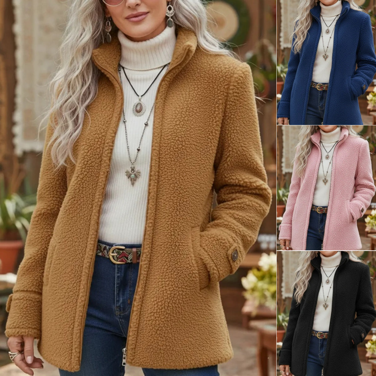 🛒【S-3XL】Dámska ležérna bunda na zips z jahňacej vlny