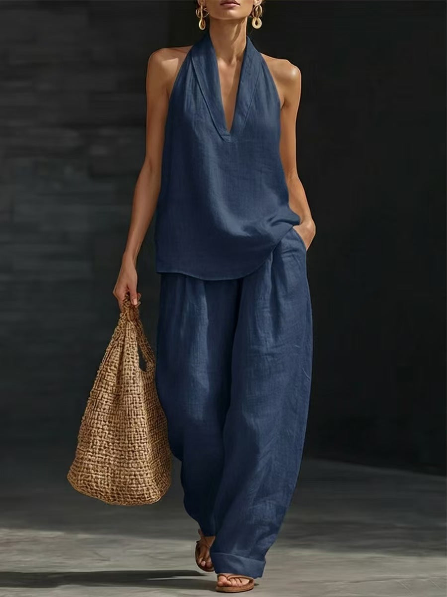 ✨Poslední den slevy 50 %✨ 【S-5XL】Dámský ležérní oblek, top s výstřihem do V + kalhoty s širokými nohavicemi