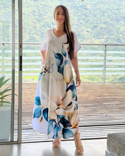 [S-5XL] Rochie vaporoasă cu imprimeu, din bumbac și mătase naturală – Elegantă, lejeră și avantajoasă pentru siluetă