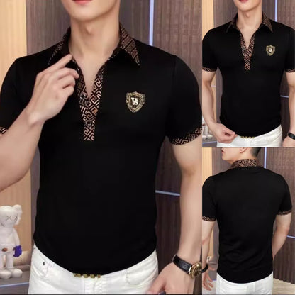 【🔥Promoție fierbinte】(M-5XL)👕‍♂️ Tricou polo elegant cu rever pentru bărbați - negru clasic cu broderie rafinată