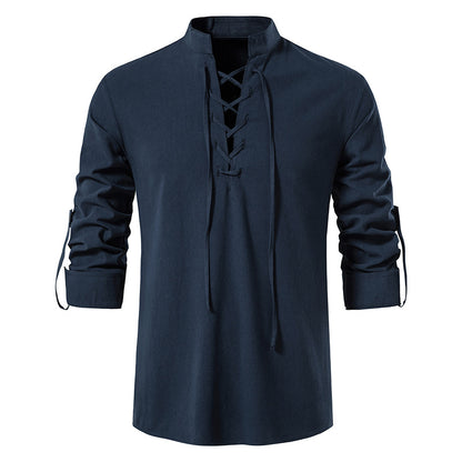 🔥👕【S-2XL】Pánská bavlněná a lněná košile s dlouhým rukávem se stojatým límečkem, volná a prodyšná