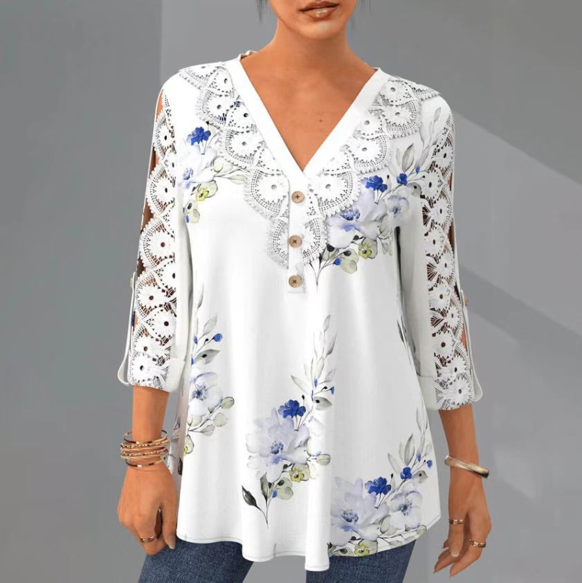 🔥【M–5XL】Elegáns csipke és sifon blúz – kivágott, 3/4-es ujjú és V-nyakú fazon