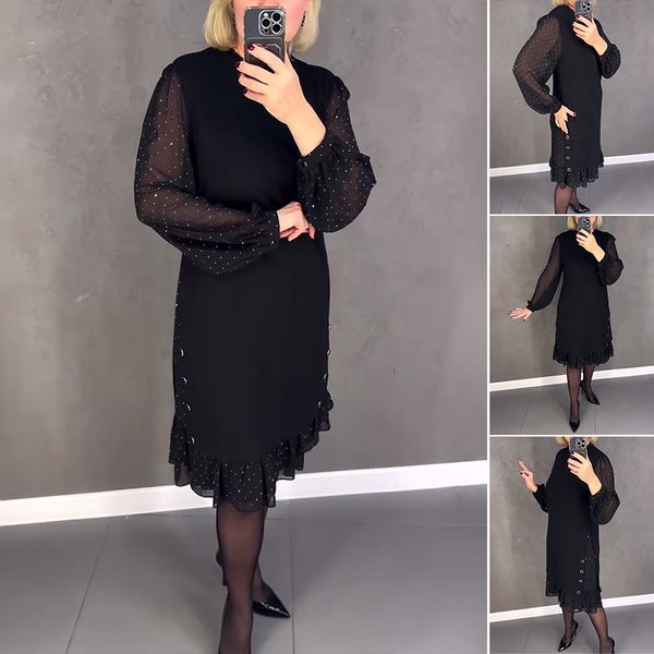 🔥👗【S～5XL】Nové módní ležérní jednobarevné šaty s dlouhým rukávem a širokým volánem