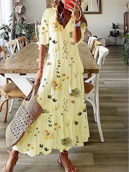 👗【S-3XL】Letní pohodlné šaty s výstřihem do V a potiskem, příjemné k pokožce, prodyšné a zeštíhlující