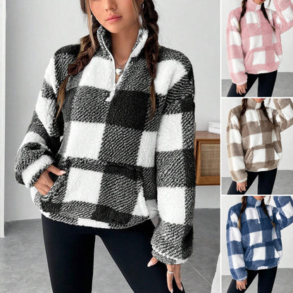 ❄️【S-5XL】 Jesenný/zimný módny krátky kockovaný flísový top s polootvoreným golierom