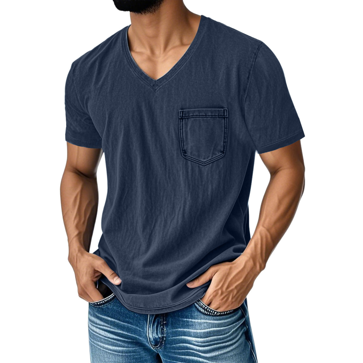 👔 50% kedvezmény 🔥 [40–120 kg] Férfi laza, bő szabású farmer póló — V-nyakú, rövid ujjú ✅ Utánvétes fizetés lehetséges ✅ Vásároljon 2-t, és 30% kedvezményt kap