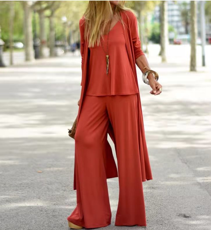 💌【S-4XL】Nuevo conjunto holgado de tres piezas de moda primaveral: pantalón recto con cuello en V + cárdigan largo