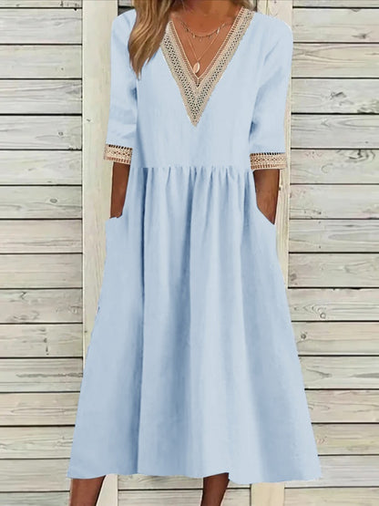 👗【S-2XL】Nové bavlněno-lněné šaty s výstřihem do V, prodyšné, pohodlné a zeštíhlující