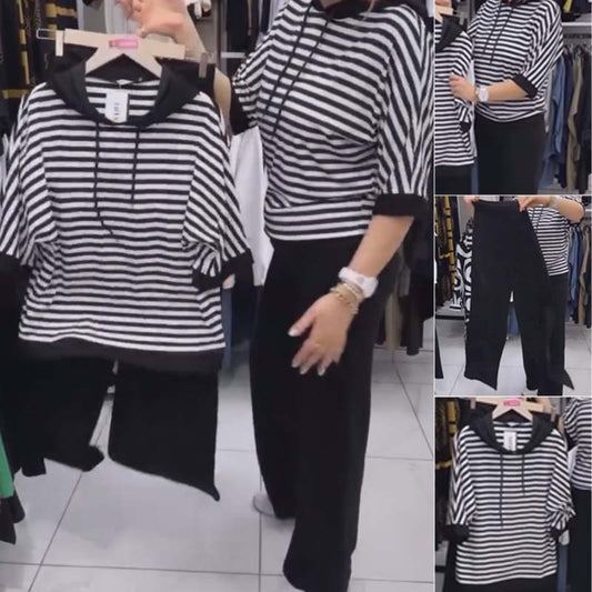 💥 LICHIDARE DE STOC 💥 Set de top cu dungi și pantaloni uni pentru femei