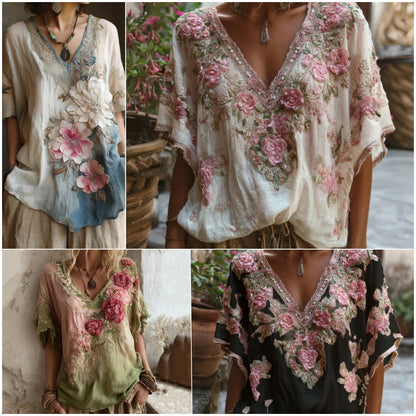 🌺【S-4XL】Elegantná kvetinová blúzka s hlbokým výstrihom do V