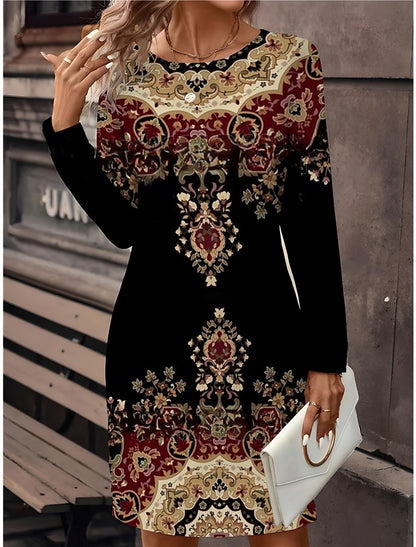 🔥🥰【S-3XL】Wiosenne nowości | Okrągły dekolt, długi rękaw | Sukienka z nadrukiem