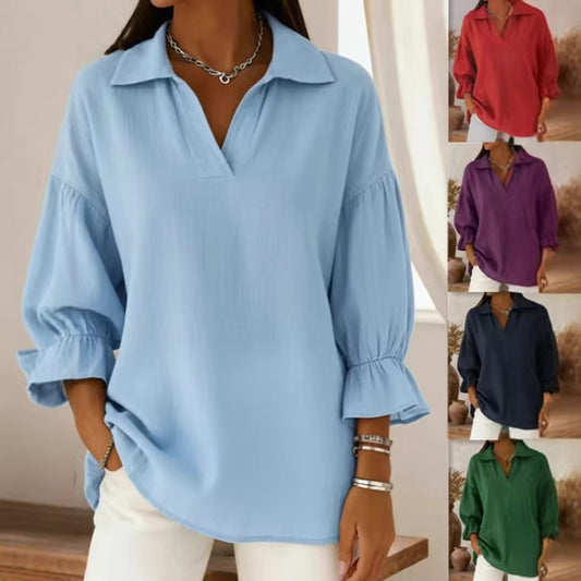🌺🌱Nowość na wiosnę 2026 r. | Luźny krój | Bluzka damska z kołnierzykiem i długim rękawem w jednolitym kolorze