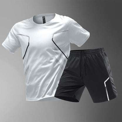 [M-5XL] Męski dwuczęściowy zestaw sportowy z szybkoschnącego materiału typu „ice silk” — wygodna koszulka z krótkim rękawem i szorty