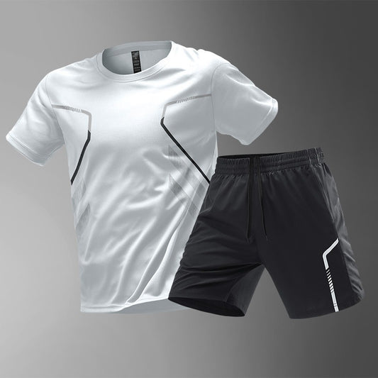 🔥 Poslední den slevy – 50 % sleva!【M-5XL】 Pánská dvoudílná sportovní souprava z rychleschnoucího materiálu ledového hedvábí - pohodlné tričko s krátkým rukávem a kraťasy
