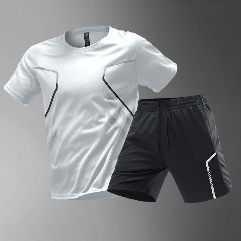 [M-5XL] Męski dwuczęściowy zestaw sportowy z szybkoschnącego materiału typu „ice silk” — wygodna koszulka z krótkim rękawem i szorty