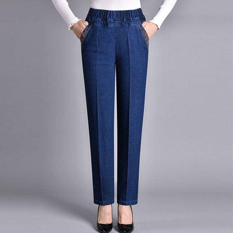 【XL-5XL】Jeans elásticos de pierna recta informales de estilo clásico para mujer