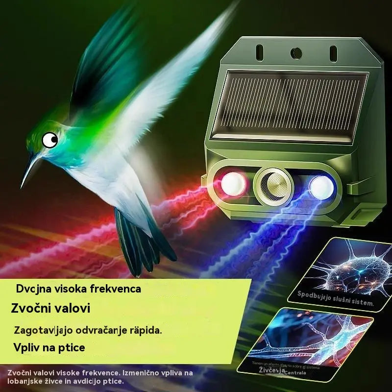 【🔥Kupite 1, dobite 1 gratis】🔥Zunanji solarni ultrazvočni odganjalec ptic z utripajočo infrardečo svetlobo ter rdečo in modro LED diodo