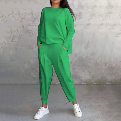 💥50% zľava časovo obmedzená💖【S-5XL】 Súprava topu s dlhým rukávom a dlhých nohavíc s okrúhlym výstrihom 