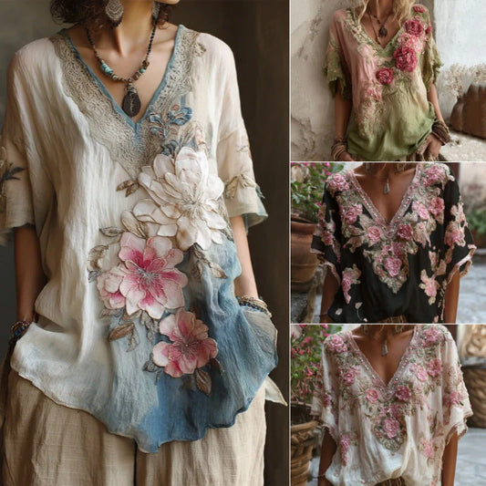 🌺【S-4XL】Elegantná kvetinová blúzka s hlbokým výstrihom do V