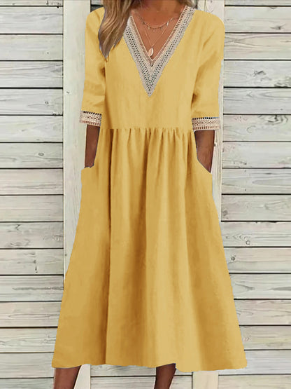 👗【S-2XL】Nové bavlněno-lněné šaty s výstřihem do V, prodyšné, pohodlné a zeštíhlující