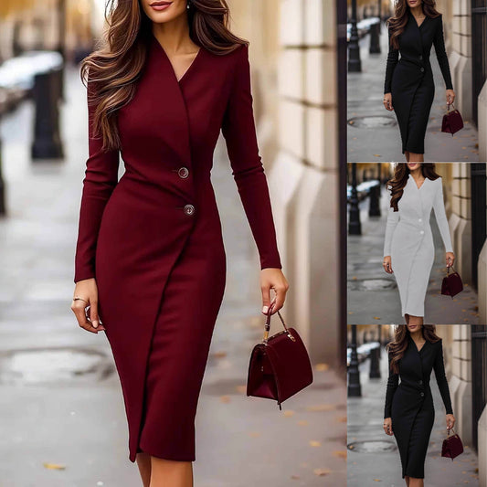 【50% zniżki】(S-3XL)Nowa, elegancka sukienka z długim rękawem i guzikami (2025)