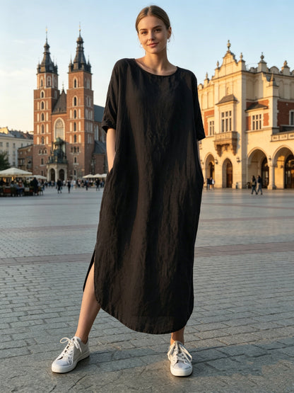 ✨【S-4XL】Damska casualowa sukienka z bawełny i lnu z okrągłym dekoltem, przewiewna i wygodna
