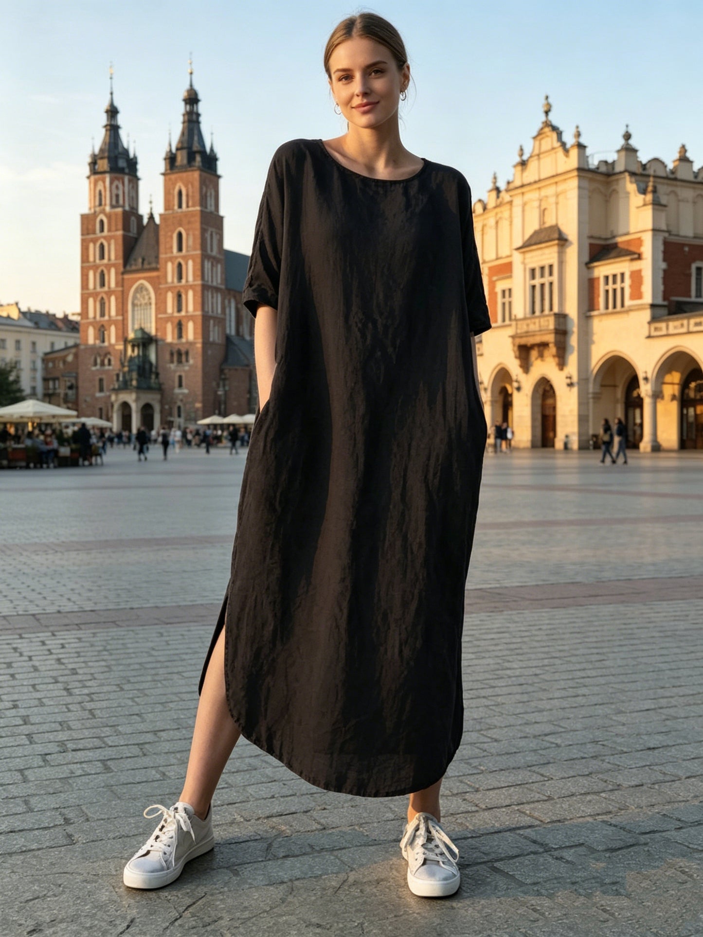 ✨【S-4XL】Damska casualowa sukienka z bawełny i lnu z okrągłym dekoltem, przewiewna i wygodna